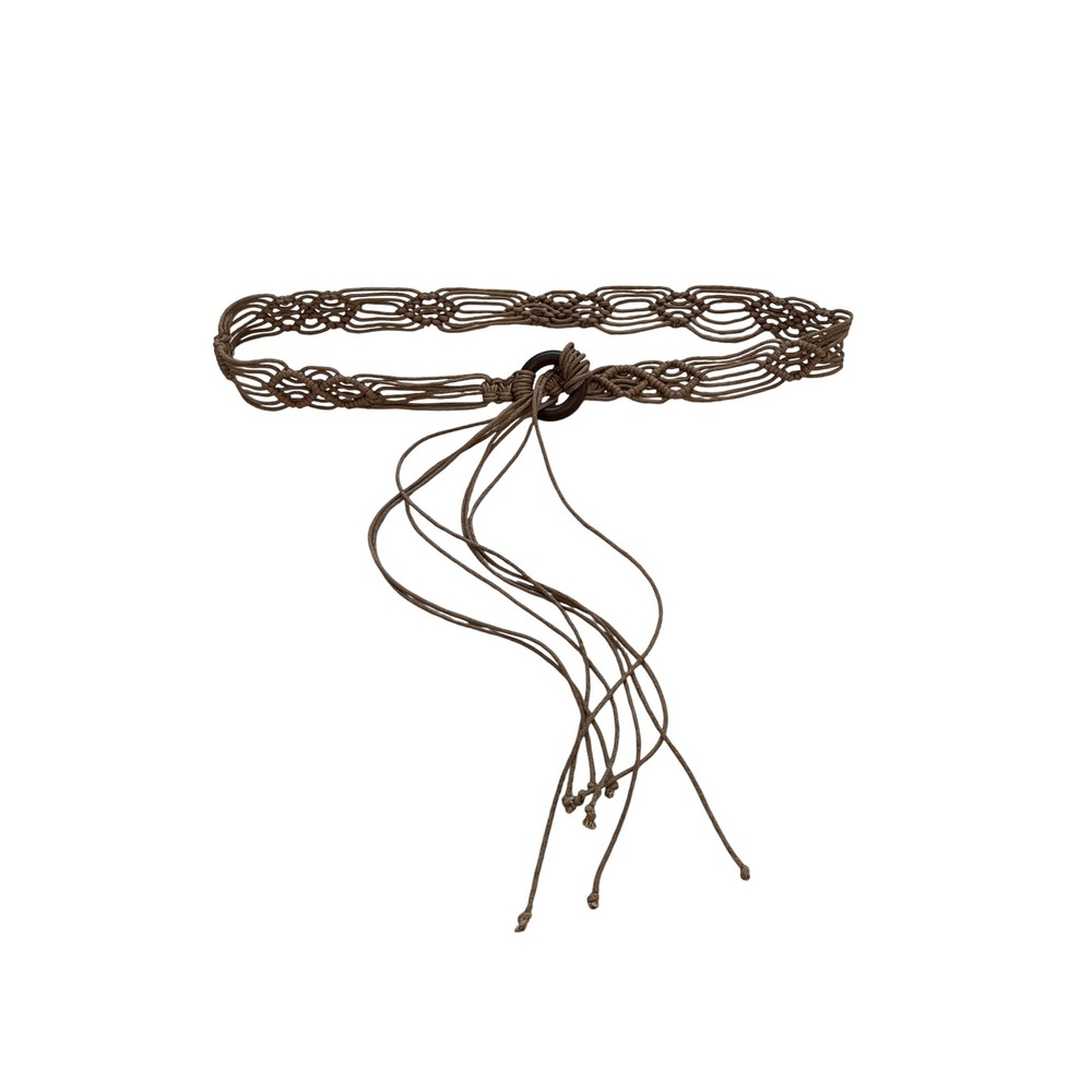 Vintage Boho Macrame Knotted Cord Belt Wood Ring Buckle Brown Tassel Accent